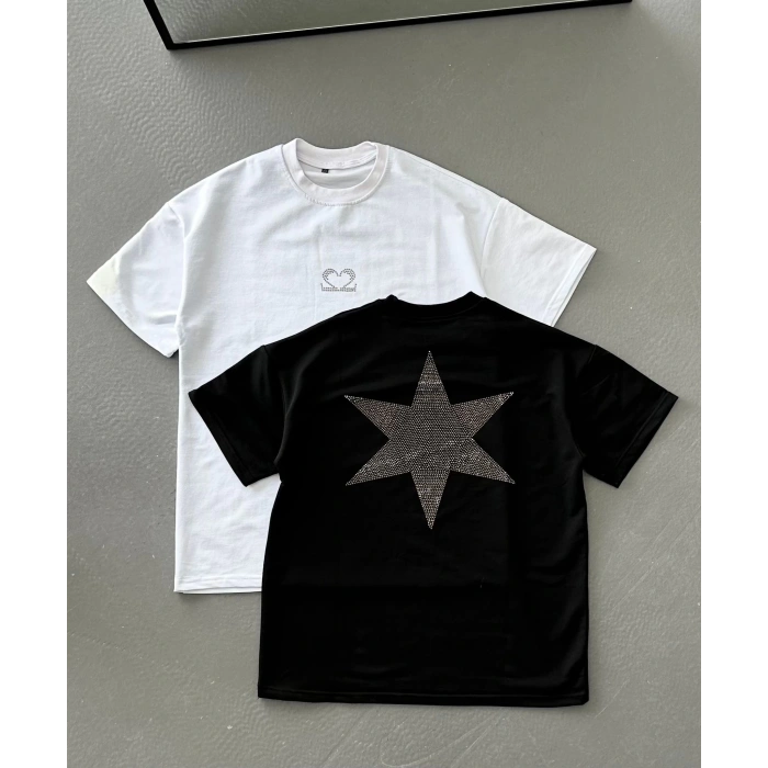 MOTİVE ROMANTİK Taş Baskı Unisex Oversize Tshirt(Beyaz)