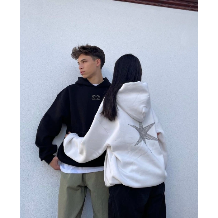 MOTİVE ROMANTİK Taş Baskı Unisex Hoodie(SİYAH)