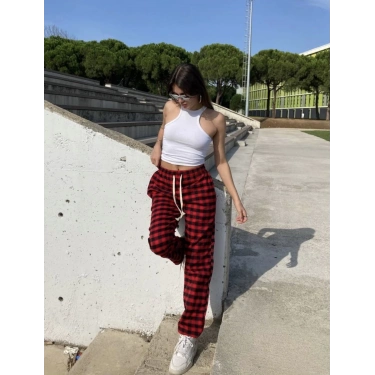 Ekoseli Unisex Eşofman Altı (KIRMIZI)