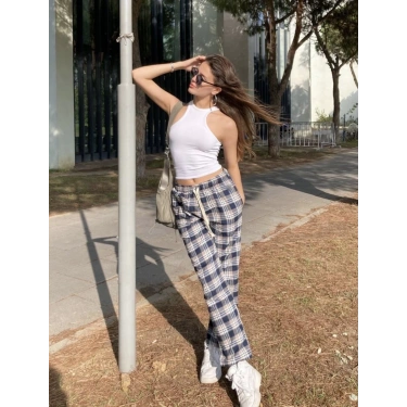 Ekoseli Unisex Eşofman Altı (KREM)