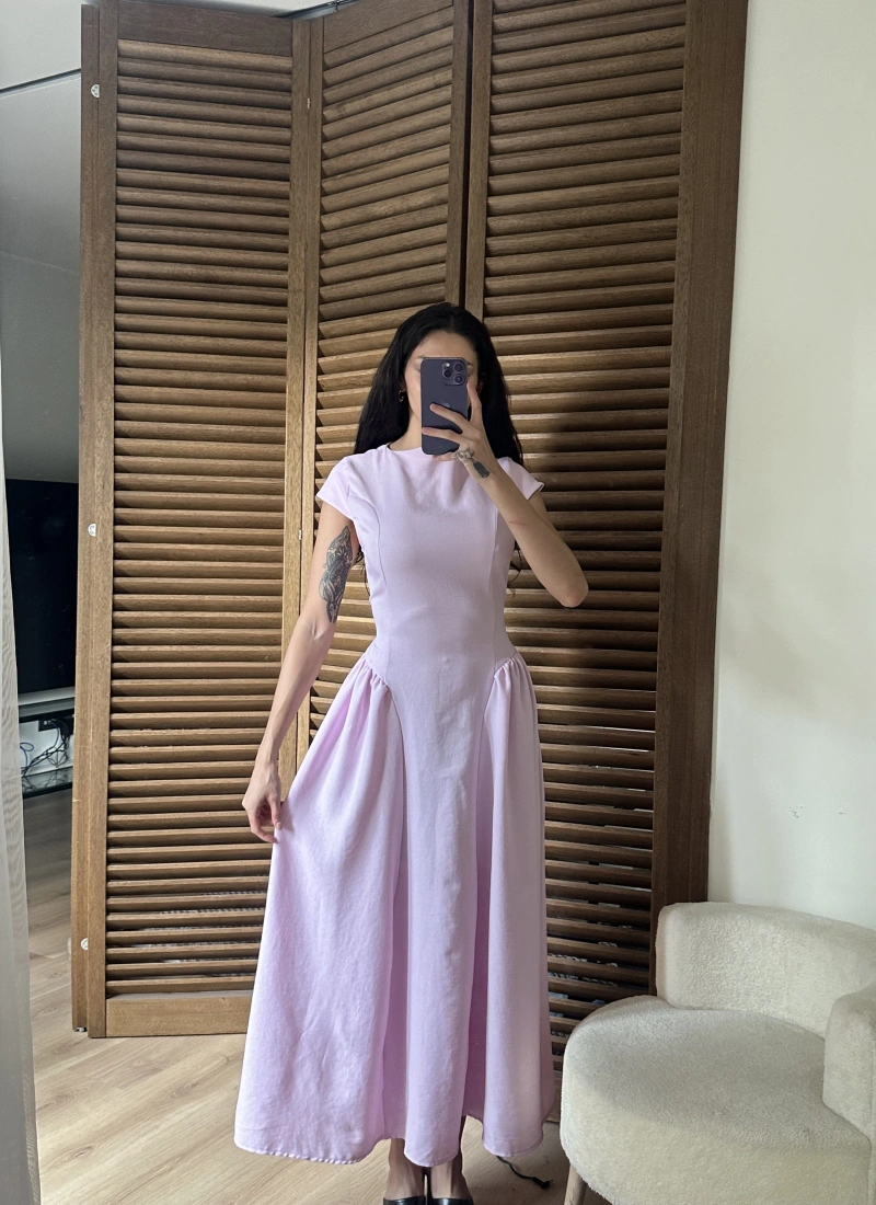 Bel Büzgü Detaylı Maxi Elbise Pembe