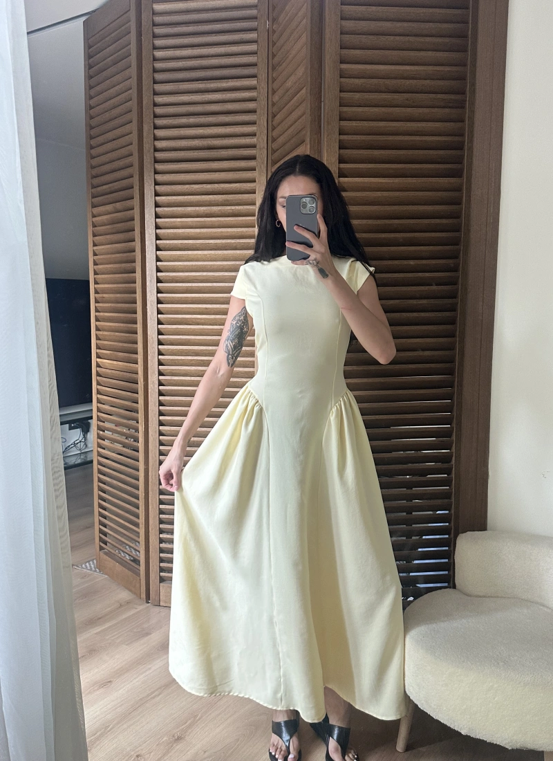 Bel Büzgü Detaylı Maxi Elbise Sarı