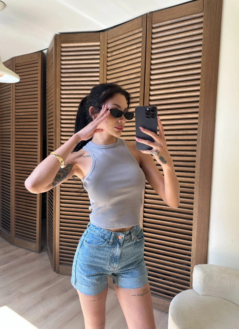 Halter Yaka Fitilli Crop Gri