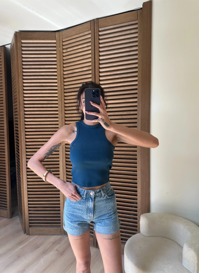 Halter Yaka Fitilli Crop Petrol Mavisi