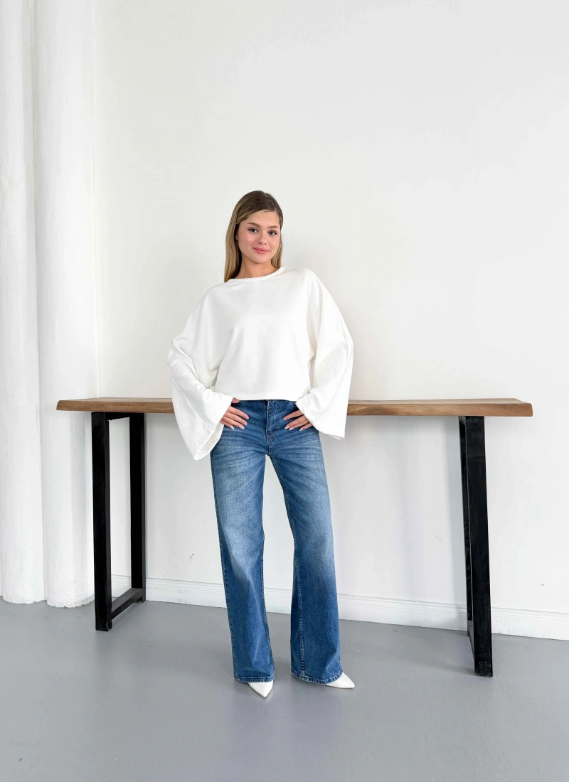 İspanyol Kol Basic Sweatshirt Beyaz