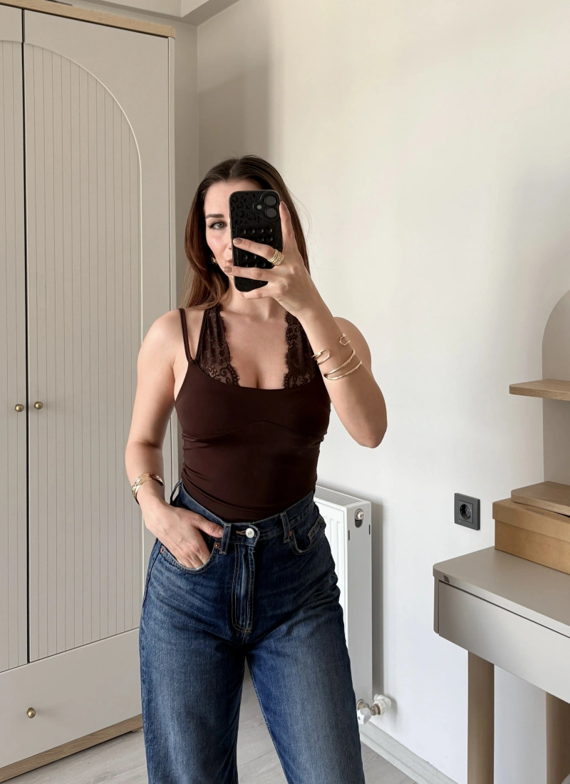 Kahve Nancy Dantel Kombineli Bodysuit