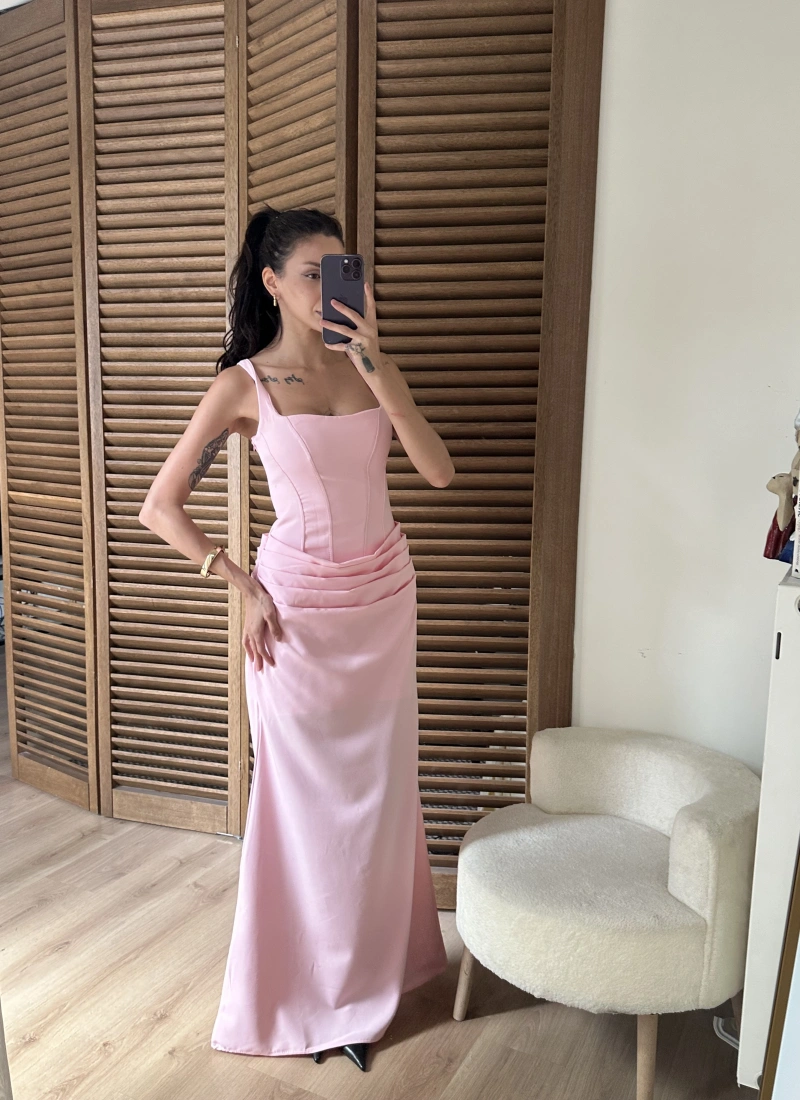Korse Detaylı Drapeli Maxi Elbise Pembe