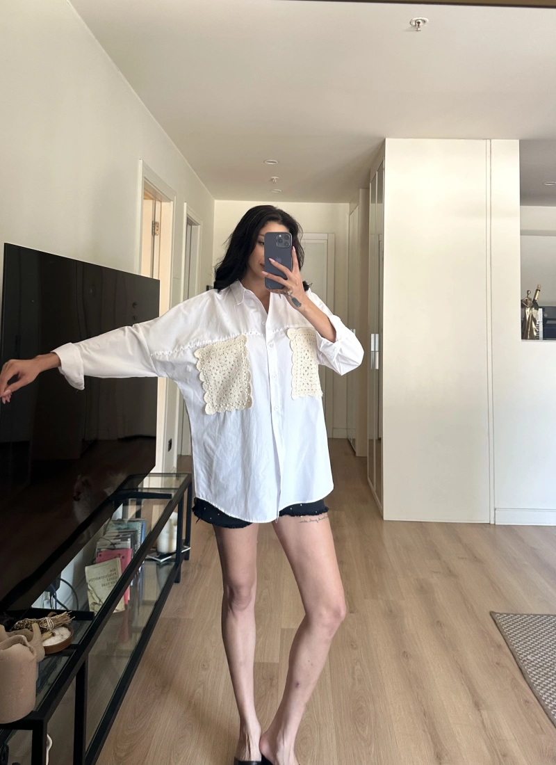 Nakış Detaylı Poplin Gömlek Beyaz