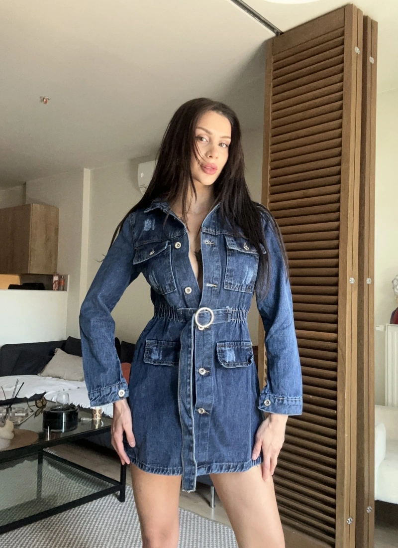 Nola Denim Elbise Koyu Mavi