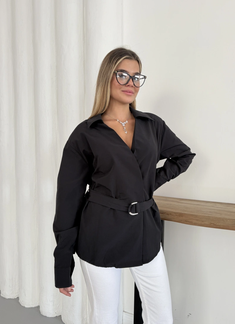 Poplin Kemer Detaylı Gömlek Siyah
