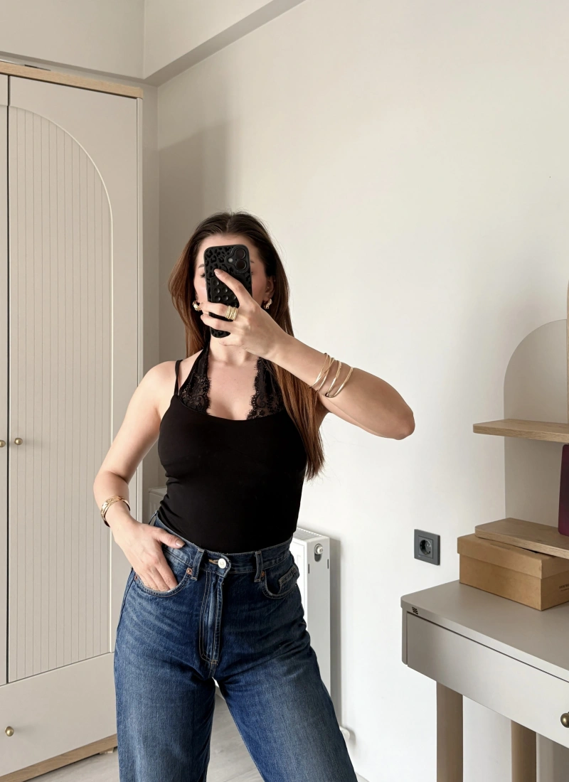 Siyah Nancy Dantel Kombineli Bodysuit