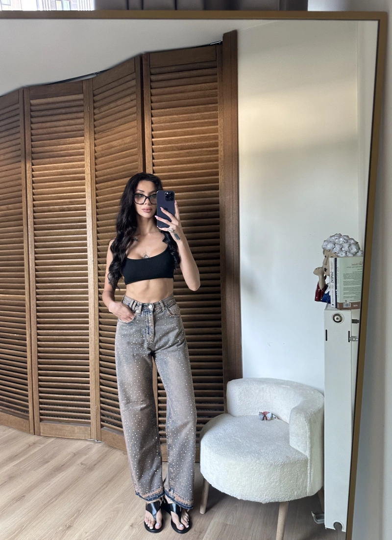 Taşlı Baggy Eskitme Jean