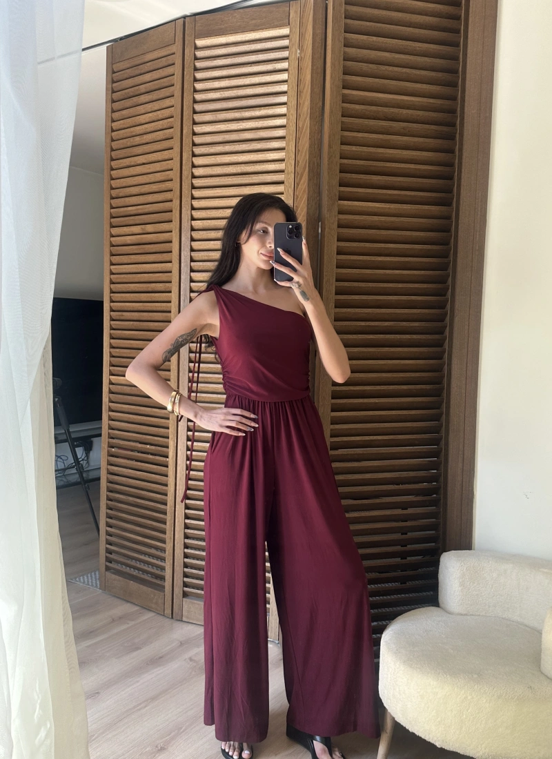 Tek Omuz Detaylı Drapeli Tulum Bordo