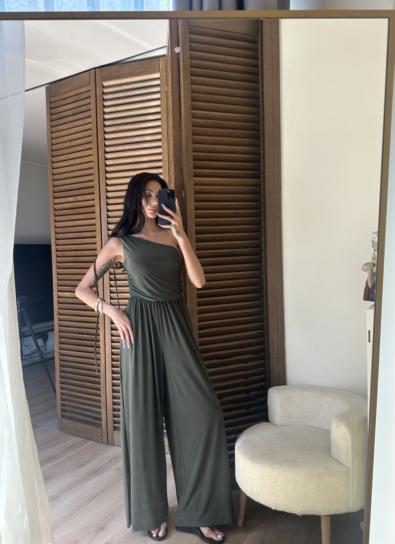 Tek Omuz Detaylı Drapeli Tulum Haki