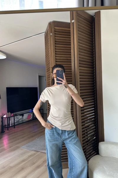 Asimetrik Kesim Tek Omuz Bluz Krem