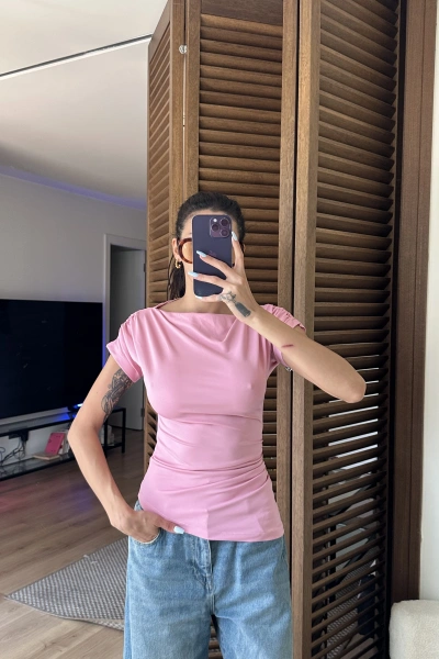 Asimetrik Kesim Tek Omuz Bluz Pudra