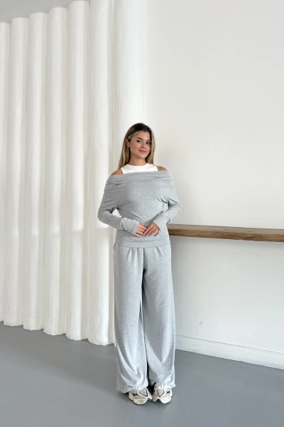 Atlet Detay Modal Bluz-Pantolon Takım Gri