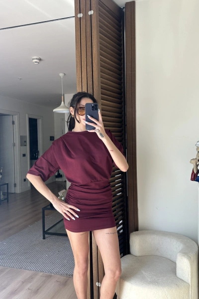 Avena Drape Detaylı Elbise Bordo