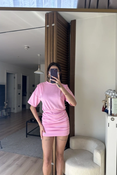 Avena Drape Detaylı Elbise Pudra