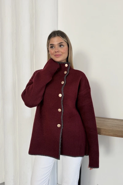 Çoban Dikiş Düğme Detaylı Triko Hırka Bordo