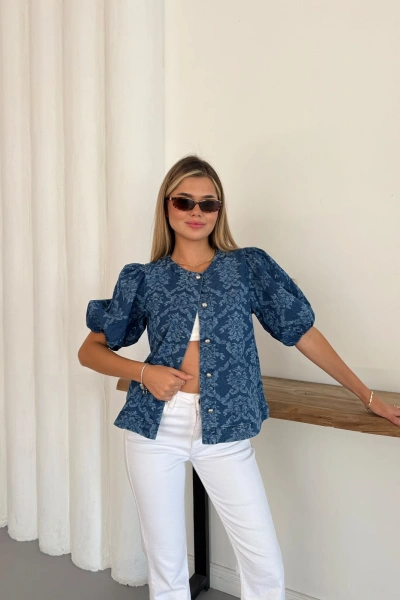 Desenlı Balon Kol Denim Bluz Mavi