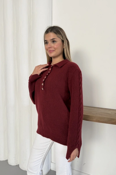 Düğme Detaylı Bebe Yaka Kazak Bordo