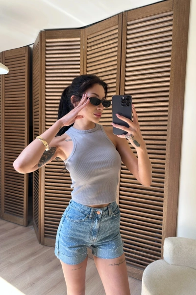 Halter Yaka Fitilli Crop Gri
