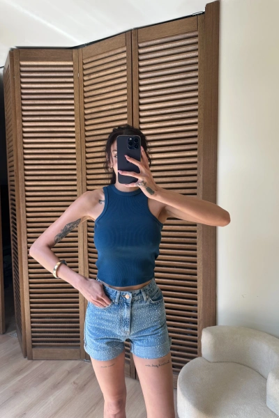 Halter Yaka Fitilli Crop Petrol Mavisi