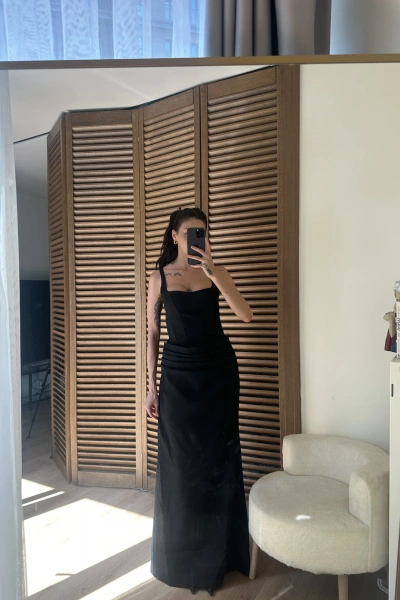 Korse Detaylı Drapeli Maxi Elbise Siyah