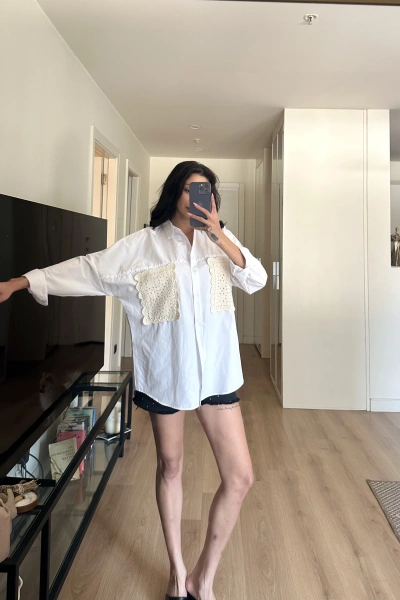 Nakış Detaylı Poplin Gömlek Beyaz