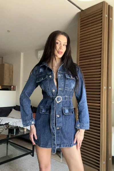 Nola Denim Elbise Koyu Mavi