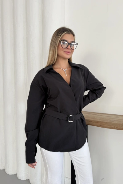 Poplin Kemer Detaylı Gömlek Siyah