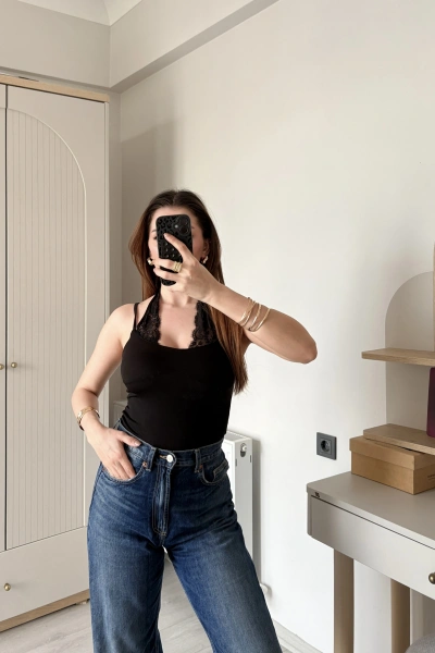 Siyah Nancy Dantel Kombineli Bodysuit