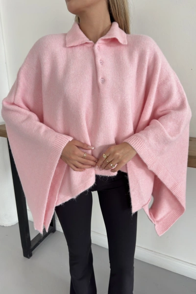 Yakalı Düğme Detaylı Triko Panço Kazak Pembe