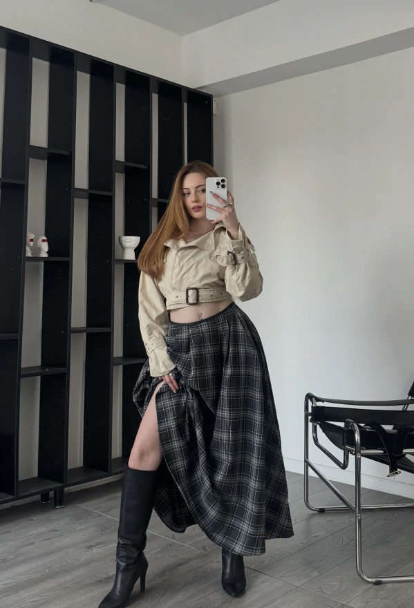 Aida Antrasit Ekose Desenli Maxi Etek