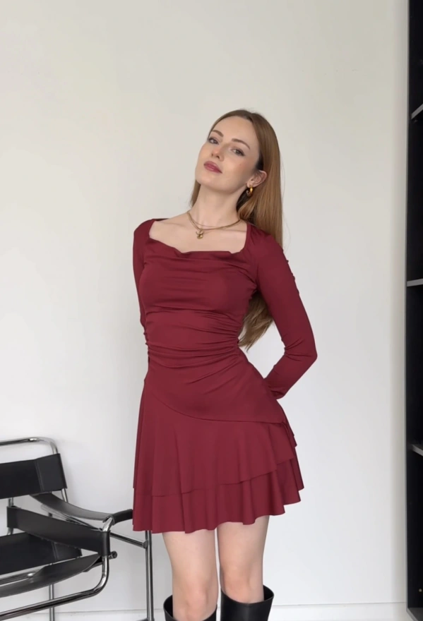 Bordo Lilian Volan Katlı Elbise