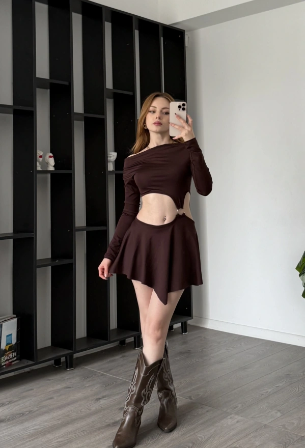 Kahve Elia Toka Detay Dekolteli Elbise