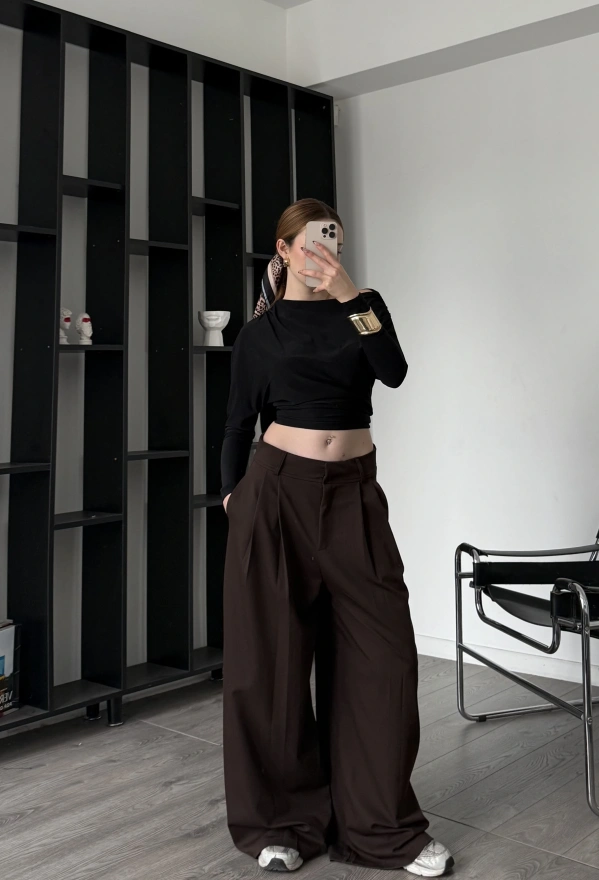 Kahve Luicy Pileli Bol Pantolon