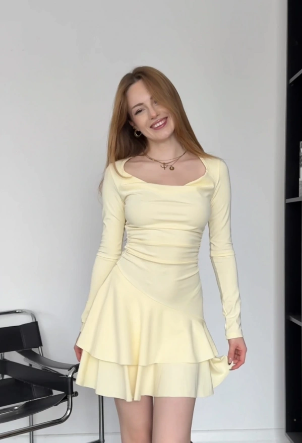 Sarı Lilian Volan Katlı Elbise