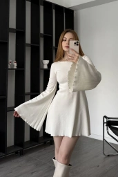 Ekru Jiex Bağcık Sırtlı Volan Elbise