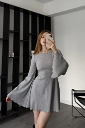 Gri Jiex Bağcık Sırtlı Volan Elbise