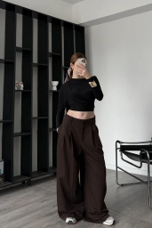 Kahve Luicy Pileli Bol Pantolon