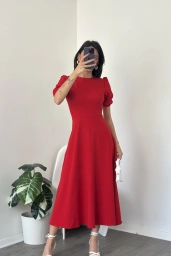 Lara Kırmızı Balon Kol Elbise