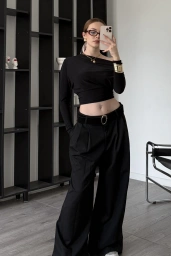 Siyah Luicy Pileli Bol Pantolon