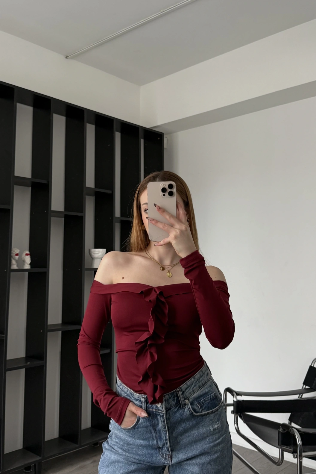 Bordo Fancy Madonna Fırfırlı Bluz