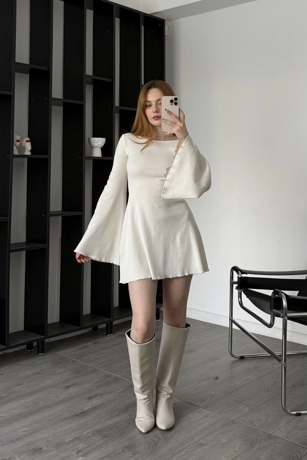 Ekru Jiex Bağcık Sırtlı Volan Elbise