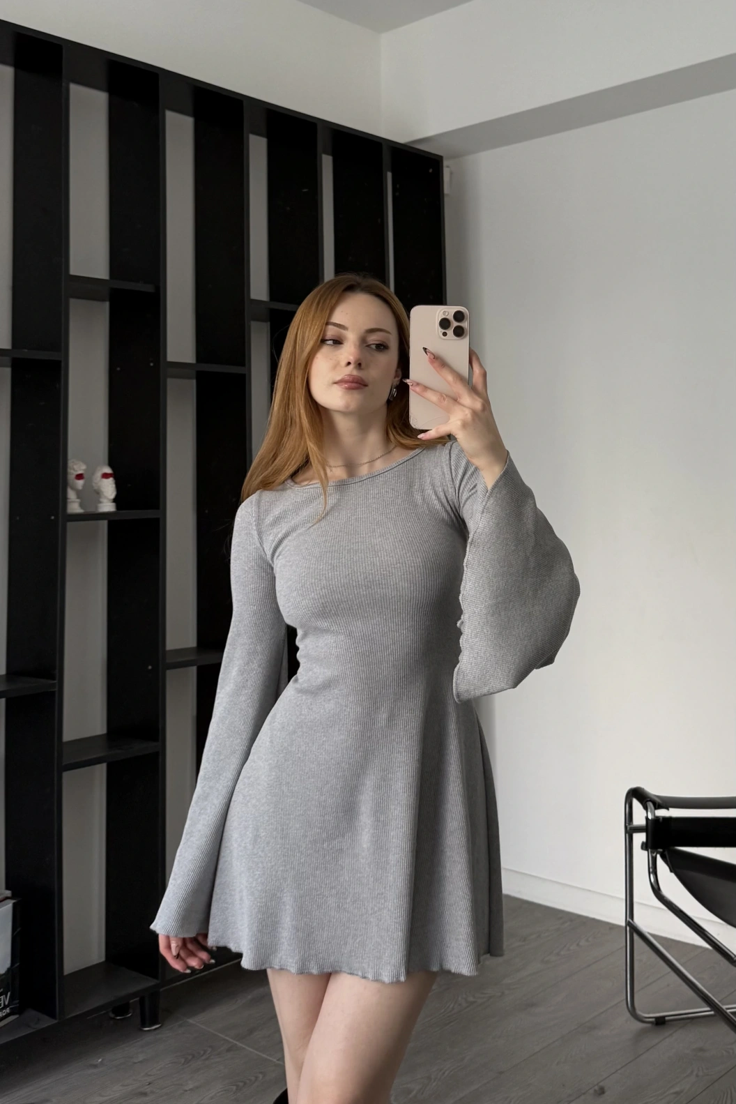 Gri Jiex Bağcık Sırtlı Volan Elbise