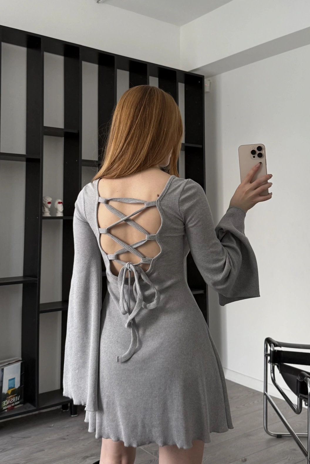 Gri Jiex Bağcık Sırtlı Volan Elbise