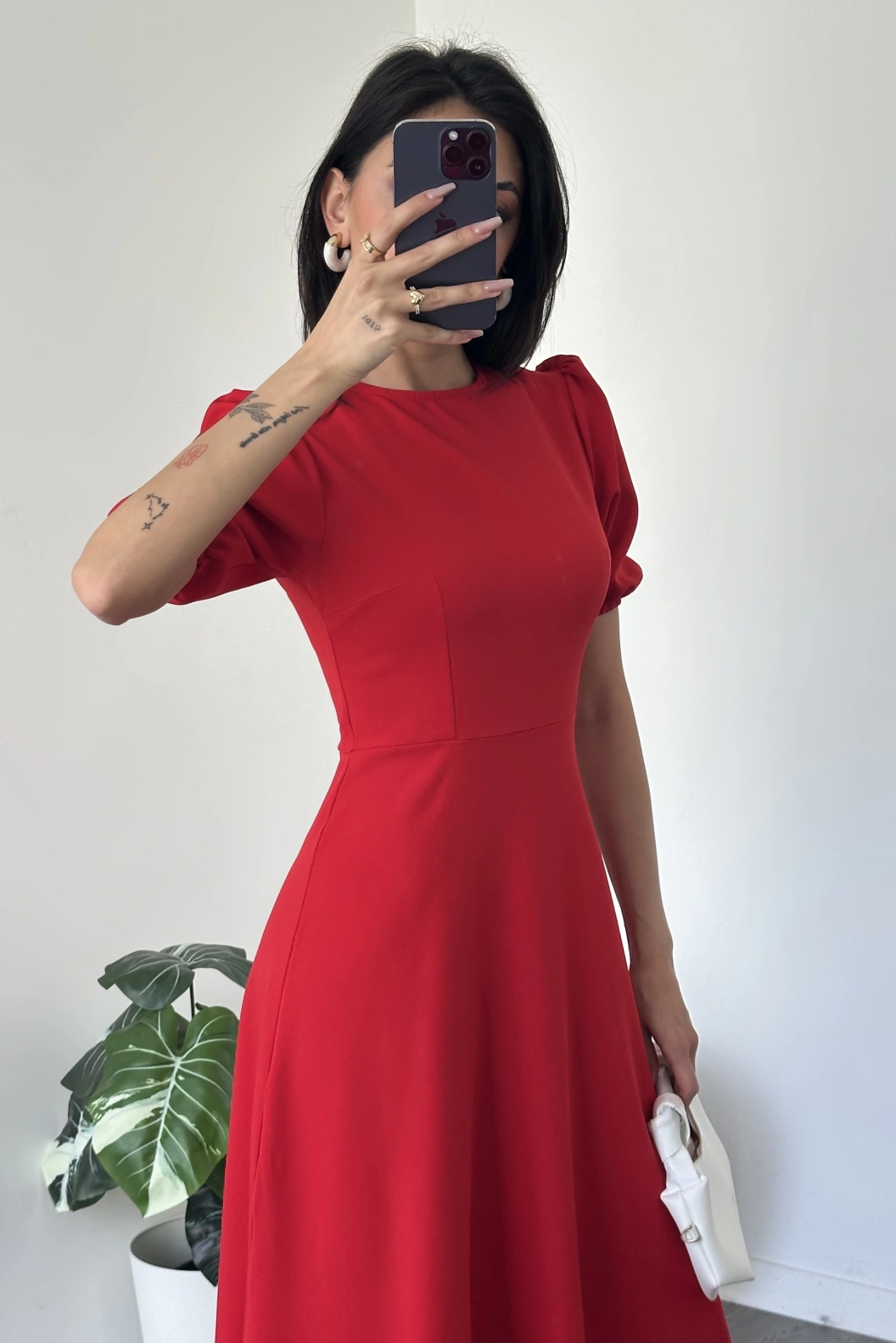 Lara Kırmızı Balon Kol Elbise