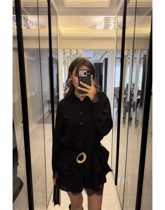 Siyah Güpürlü Kemerli Katlı Gömlek Elbise